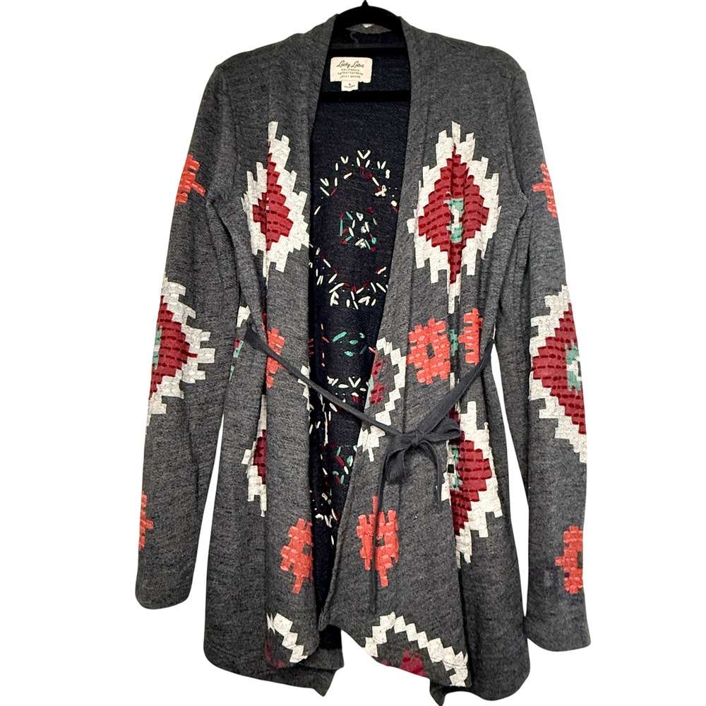 Lucky Lotus Southwestern Embroidered Cardigan Small Belted Boho Aztec Duster